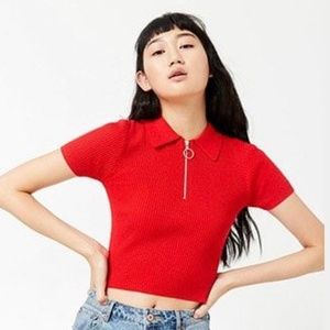 Red Ribbed Pull Ring Zip Top